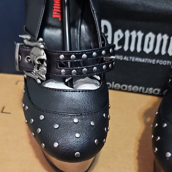 Demonia Black and Silver Studded Platform Shoes - Picture 2 of 10